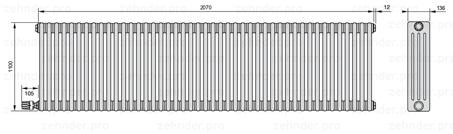 Схема (чертеж) Радиатор Zehnder Charleston 4110/45 №V003 Белый глянцевый RAL 9016